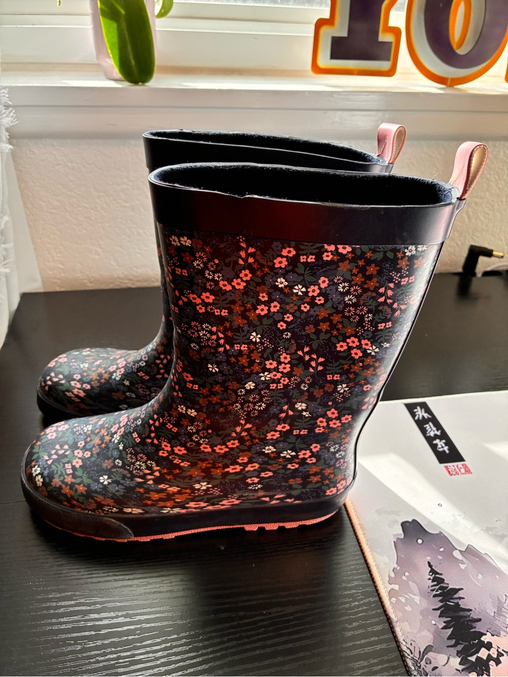 Kids Floral Rain Boots in Navy with Pink Accents - Picture 3 of 5